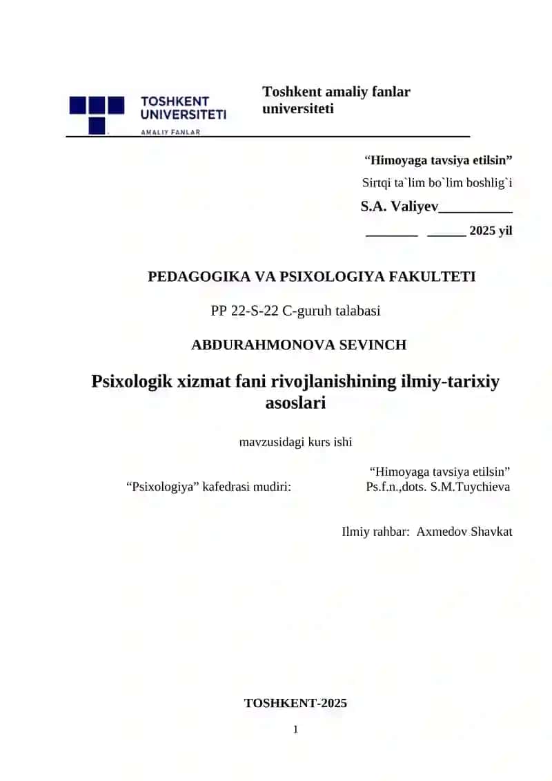 Psixologik xizmat fani rivojlanishining ilmiy-tarixiy asoslari