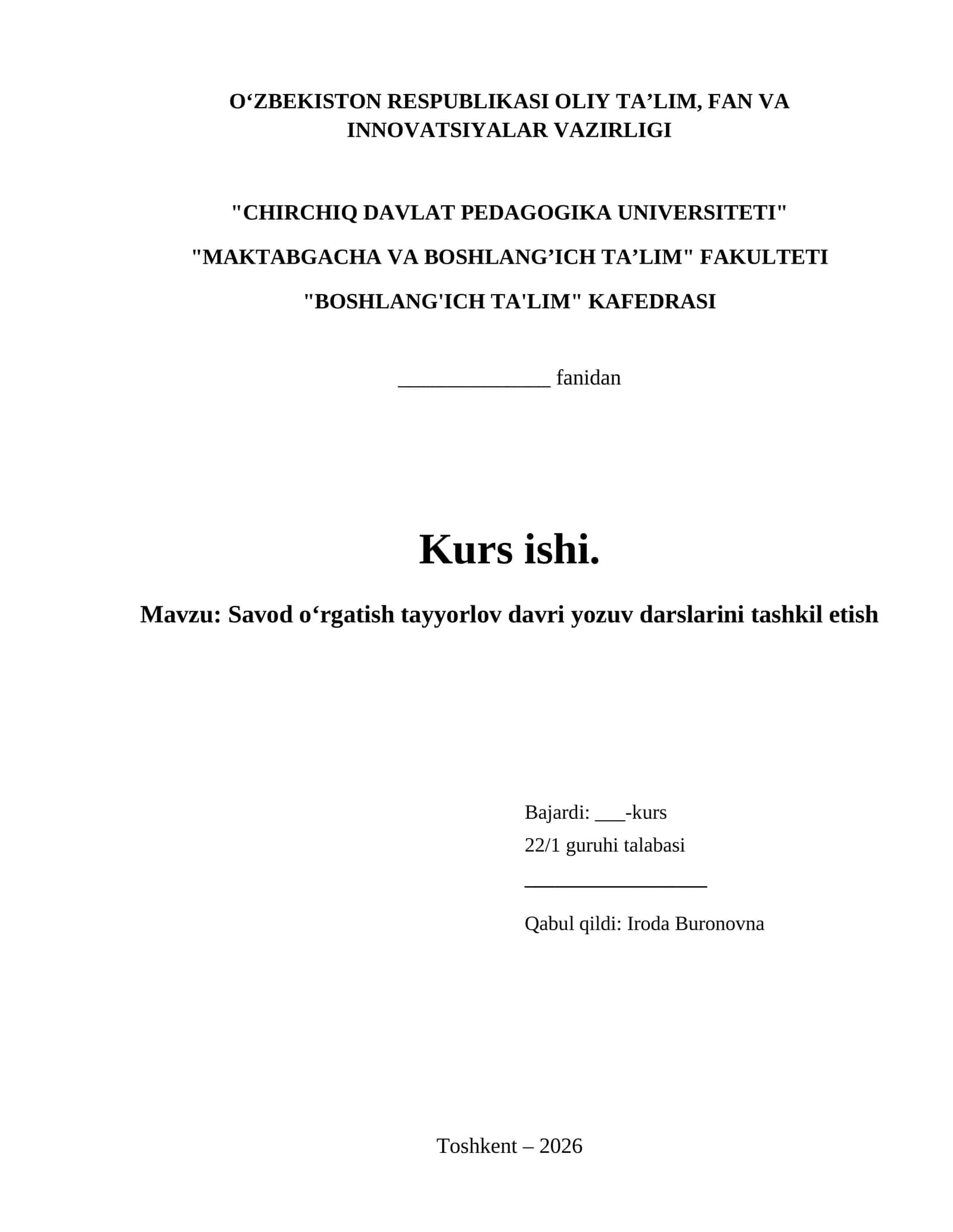 Savod oʻrgatish tayyorlov davri yozuv darslarini tashkil etish 1