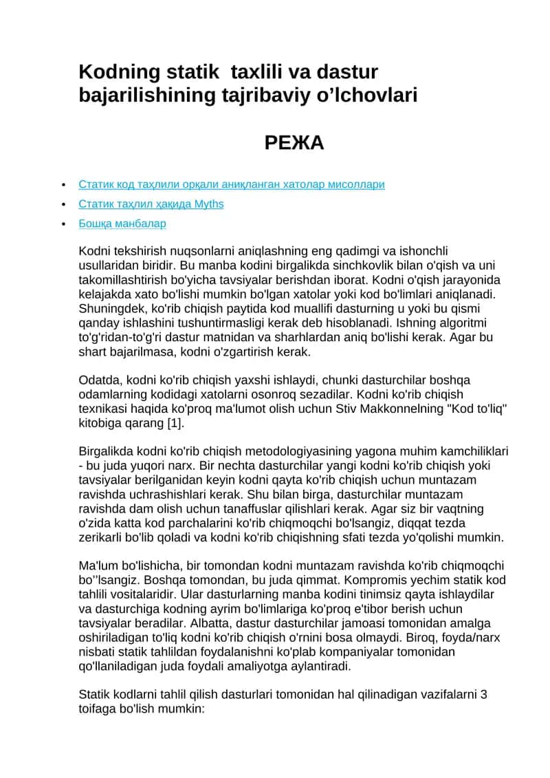 Kodning statik taxlili va dastur bajarilishining tajribaviy o’lchovlari 1