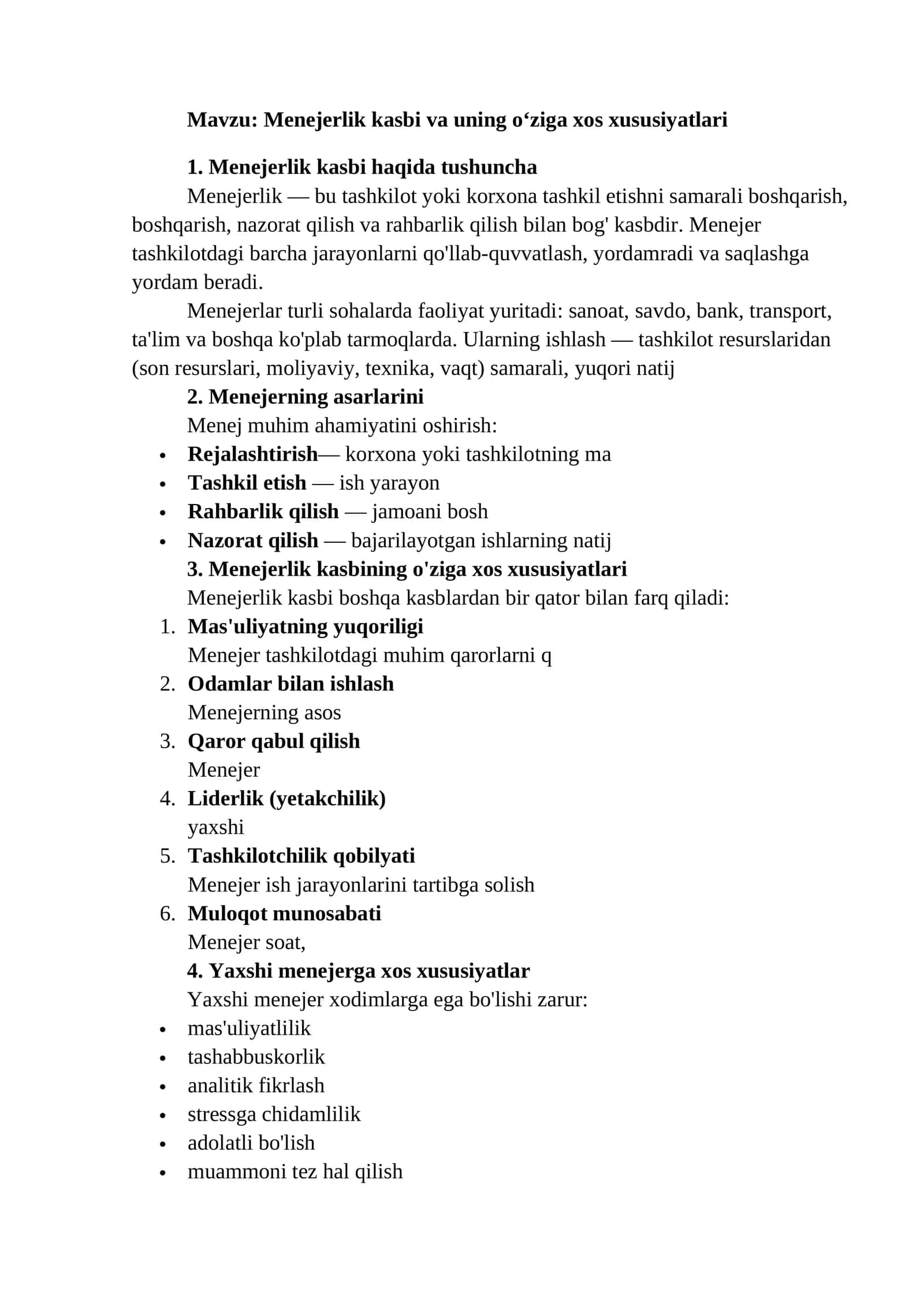 Menejerlik kasbi va uning o‘ziga xos xususiyatlari 1