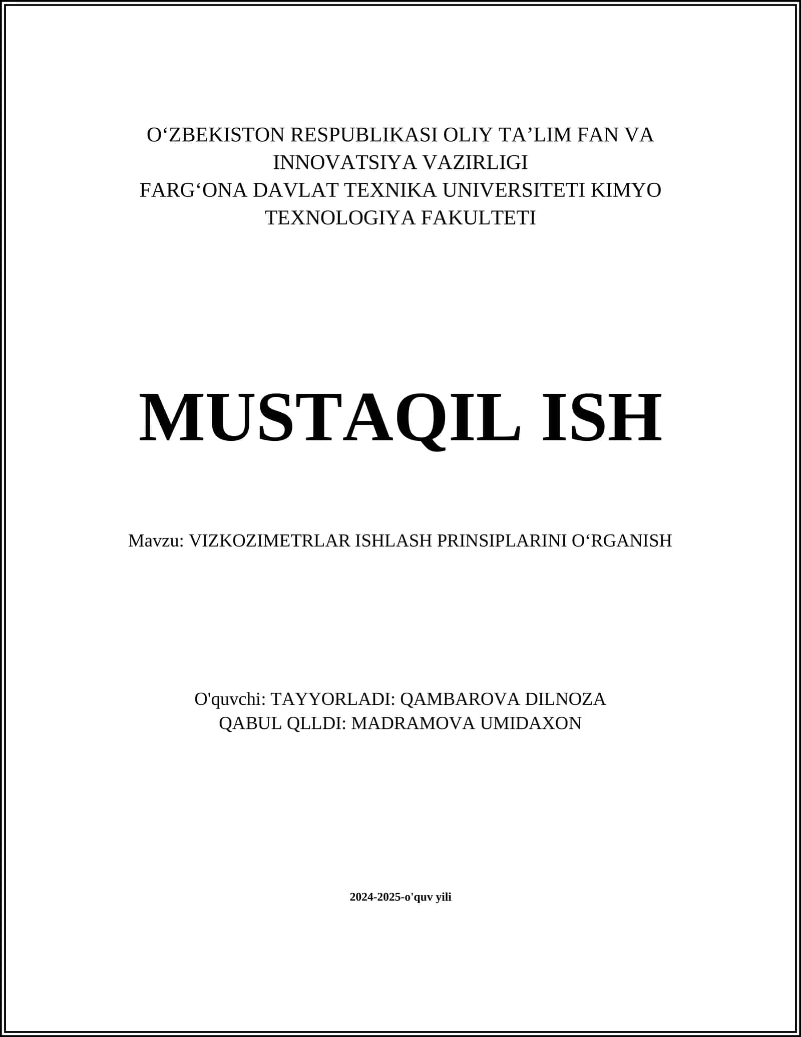 VIZKOZIMETRLAR ISHLASH PRINSIPLARINI OʻRGANISH 1
