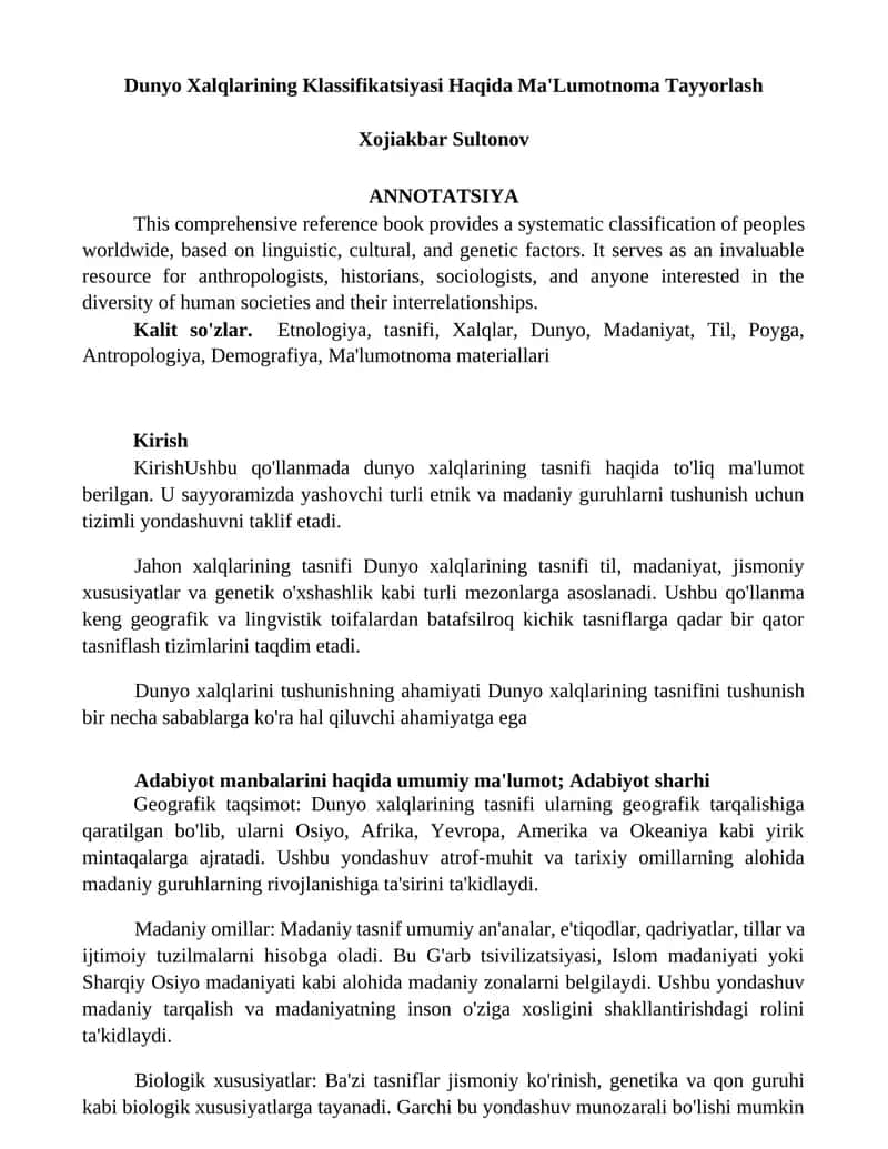 Dunyo Xalqlarining Klassifikatsiyasi Haqida Ma'Lumotnoma 1