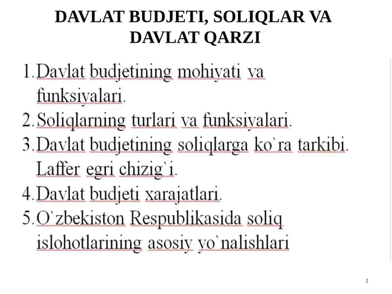 DAVLAT BUDJETI, SOLIQLAR VA DAVLAT QARZI 1