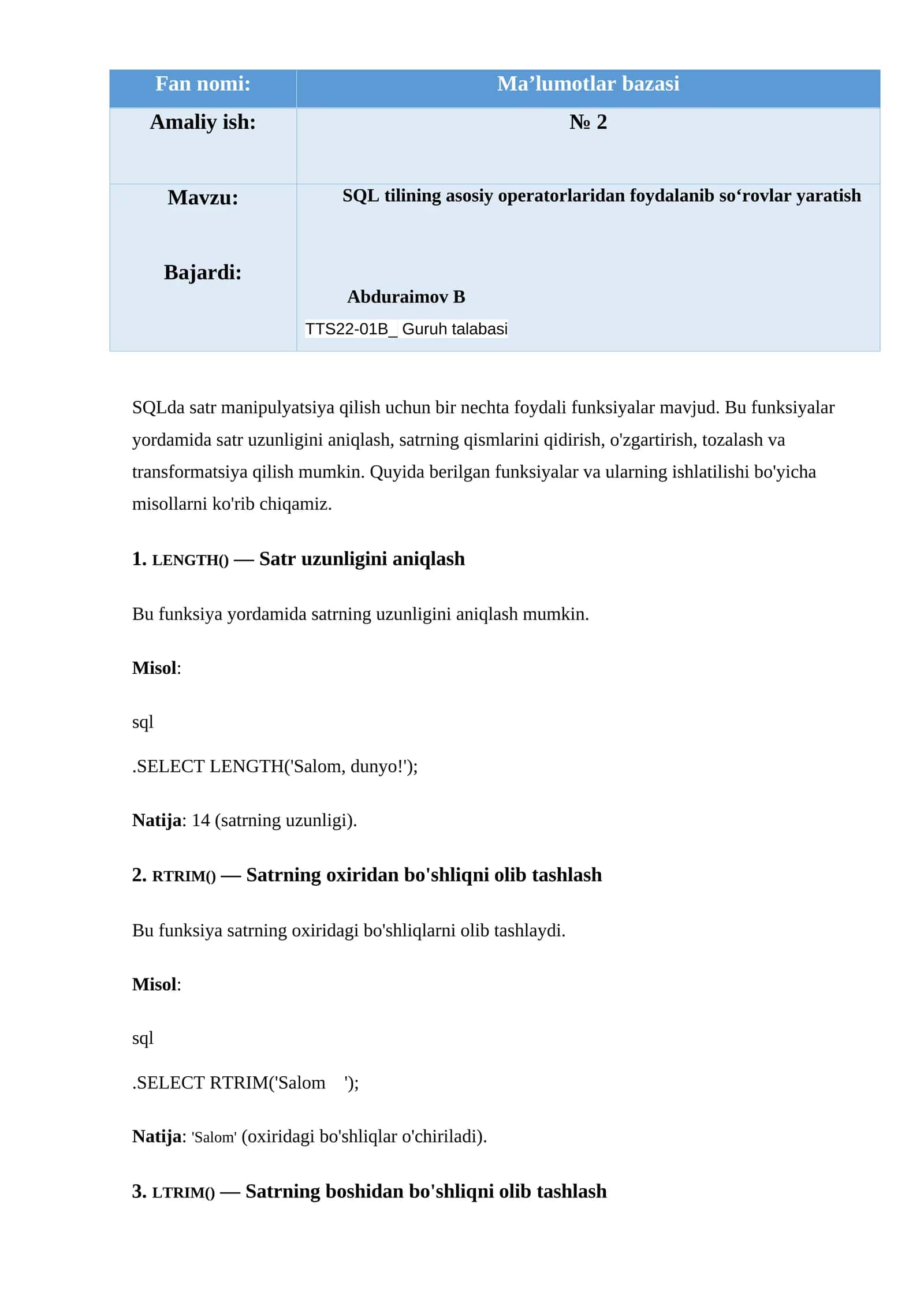 SQL tilining asosiy operatorlaridan foydalanib so‘rovlar yaratish 1