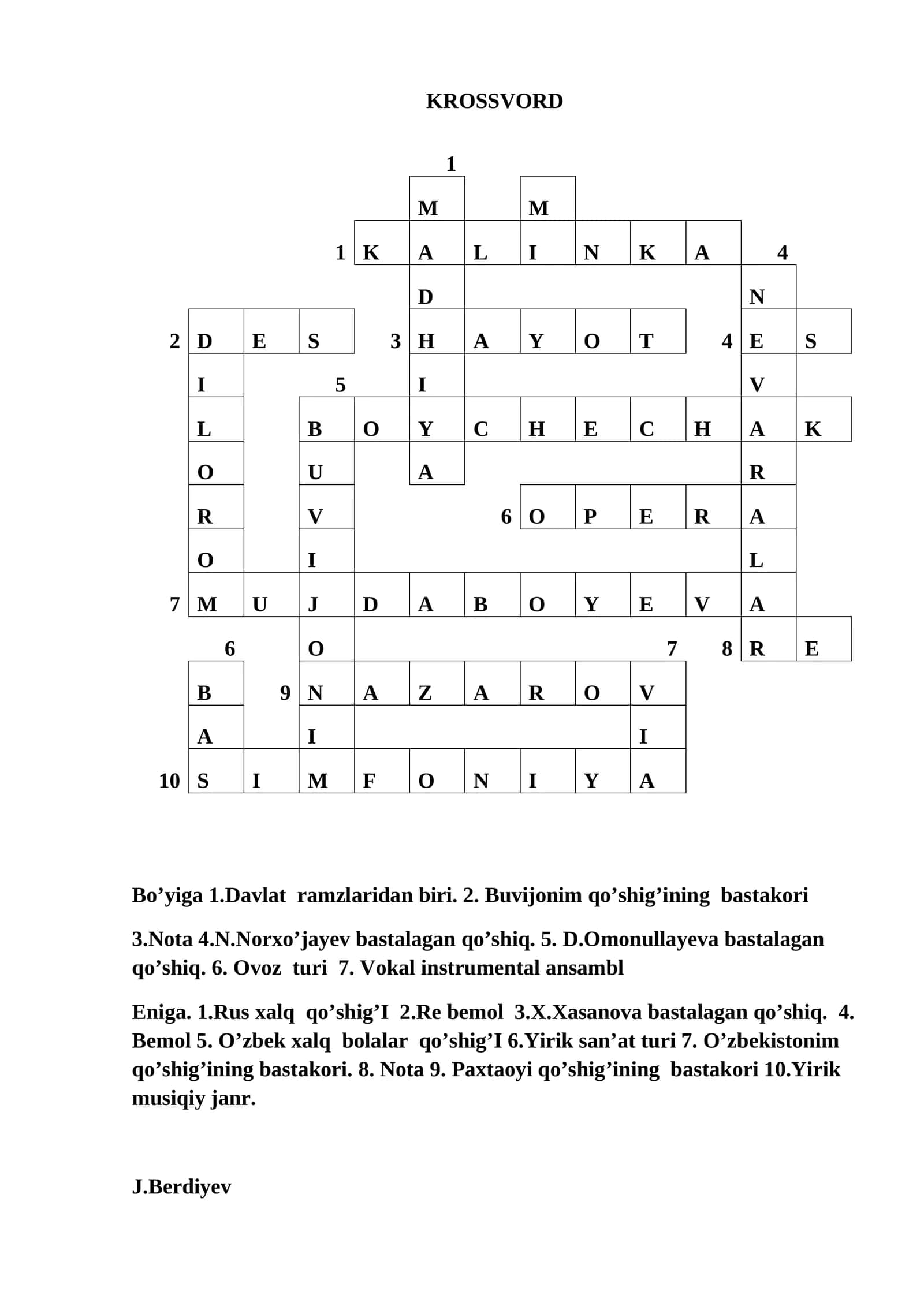 Musiqa fanidan tayyor krossvord 1