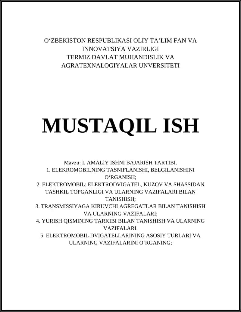 I. AMALIY ISHNI BAJARISH TARTIBI 1