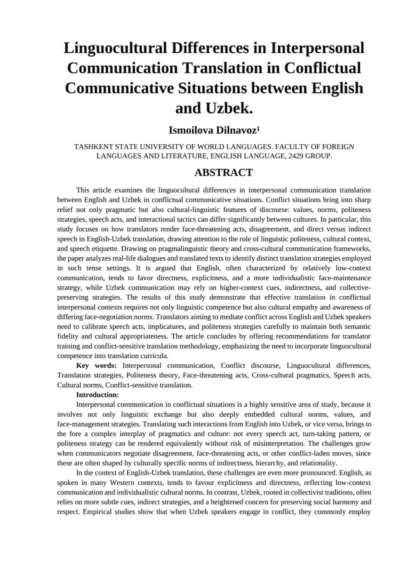 Linguocultural Differences in Interpersonal Communication Translation in Conflictual Communicative Situations between English and Uzbek 1