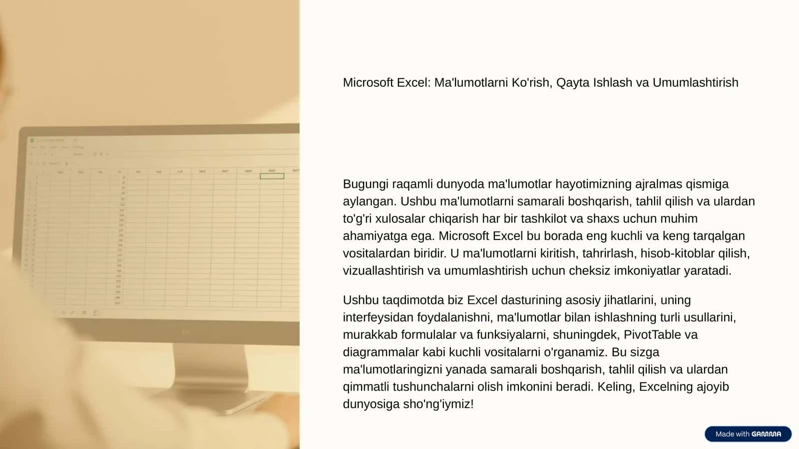 Microsoft Excel: Ma'lumotlarni Ko'rish, Qayta Ishlash va Umumlashtirish 1