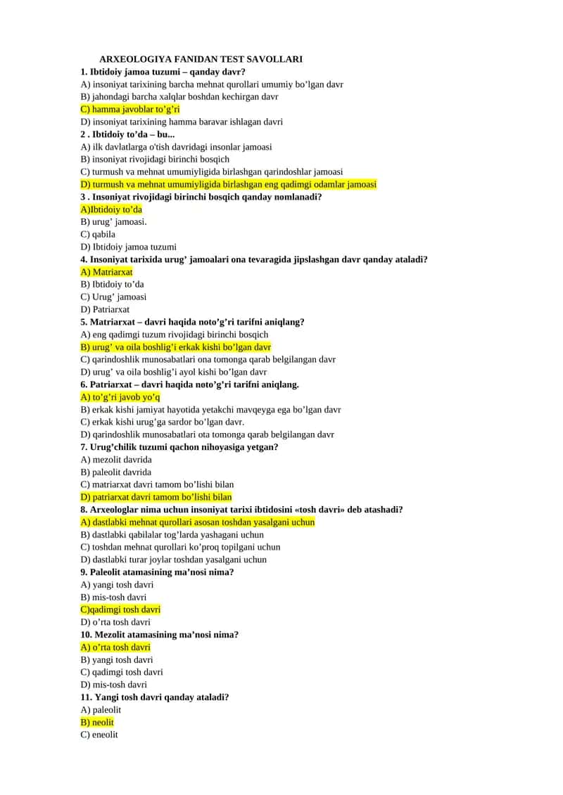 ARXEOLOGIYA FANIDAN TEST SAVOLLARI 1