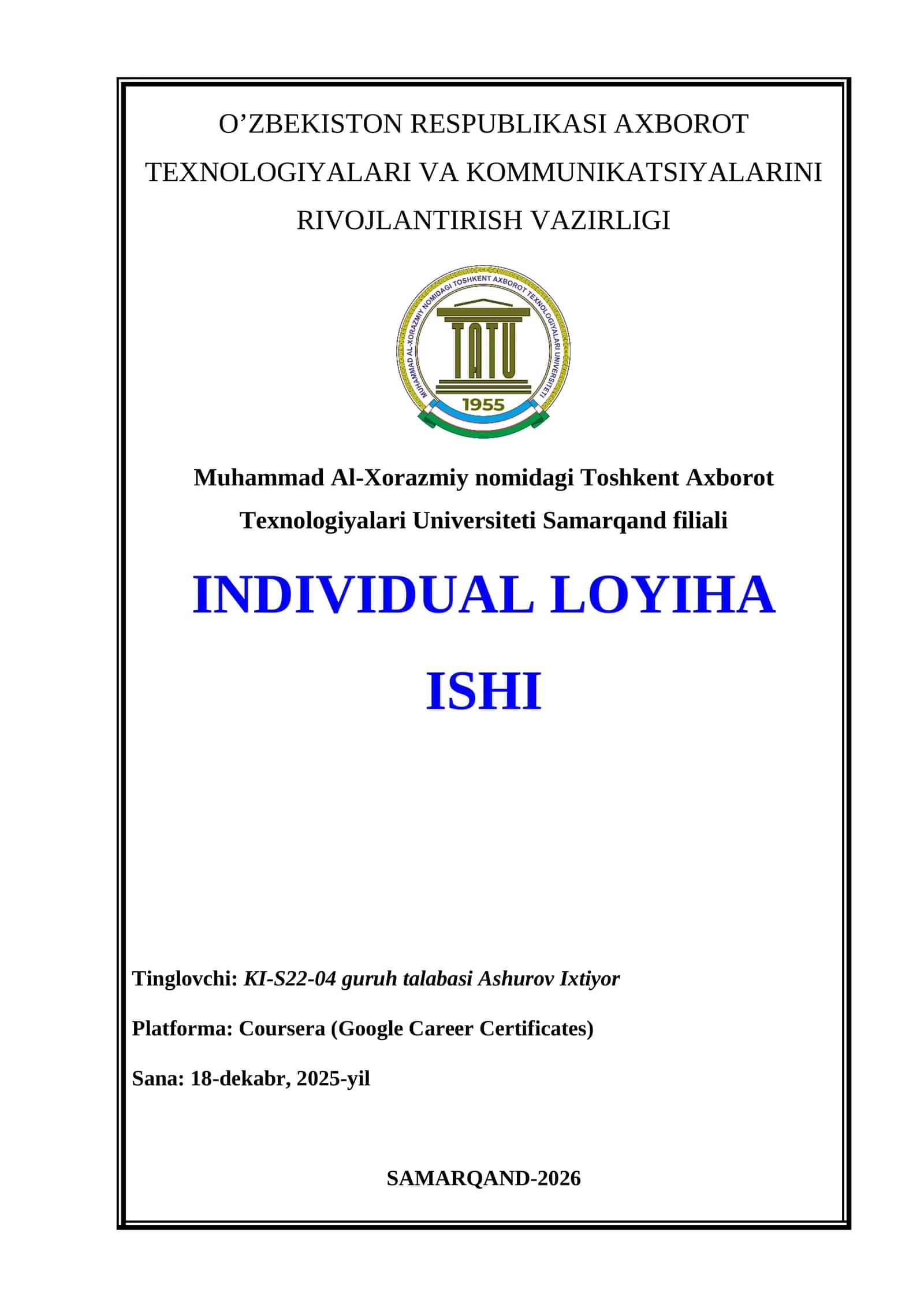 GOOGLE BUSINESS INTELLIGENCE PROFESSIONAL CERTIFICATE’NI OLISH JARAYONI 1