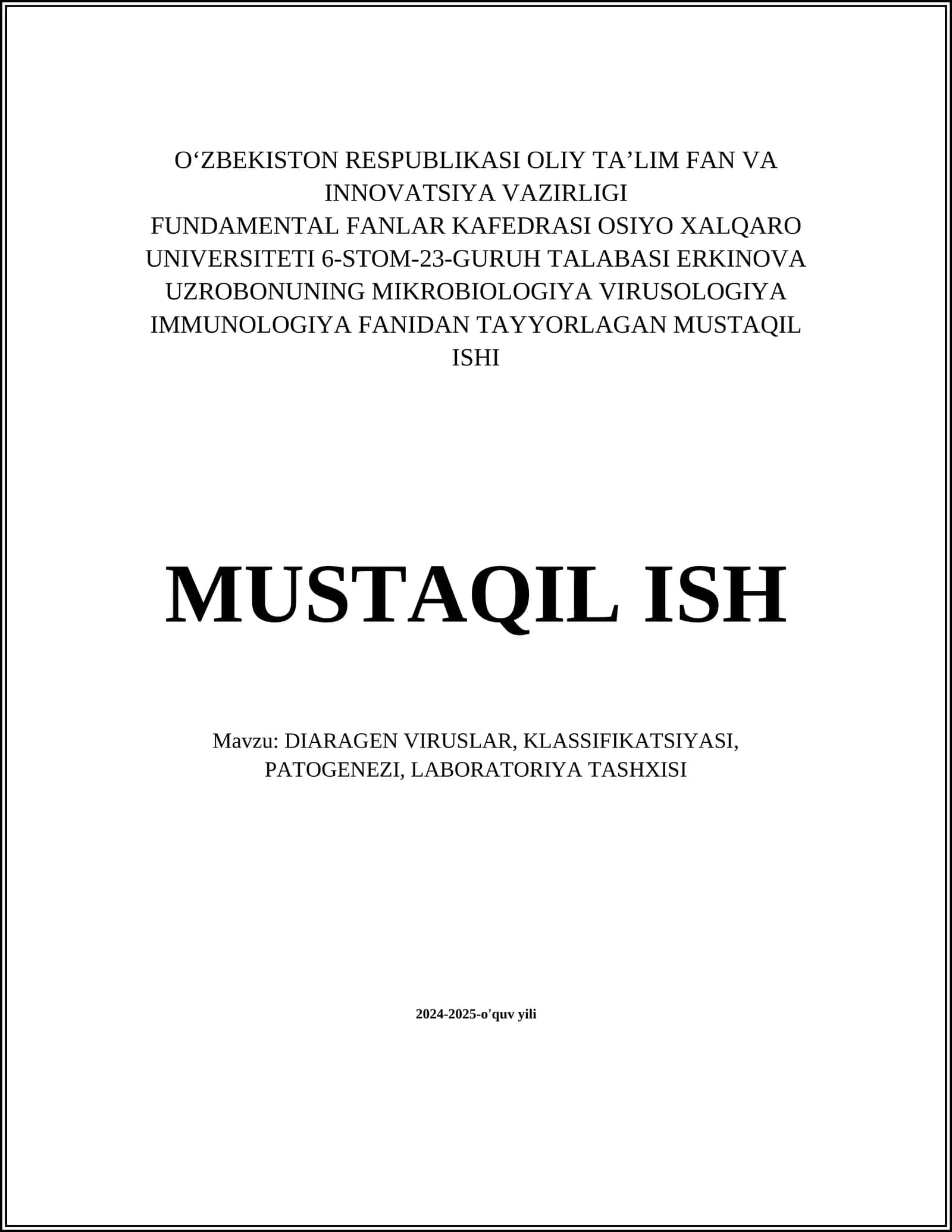 DIARAGEN VIRUSLAR, KLASSIFIKATSIYASI, PATOGENEZI, LABORATORIYA TASHXISI 1
