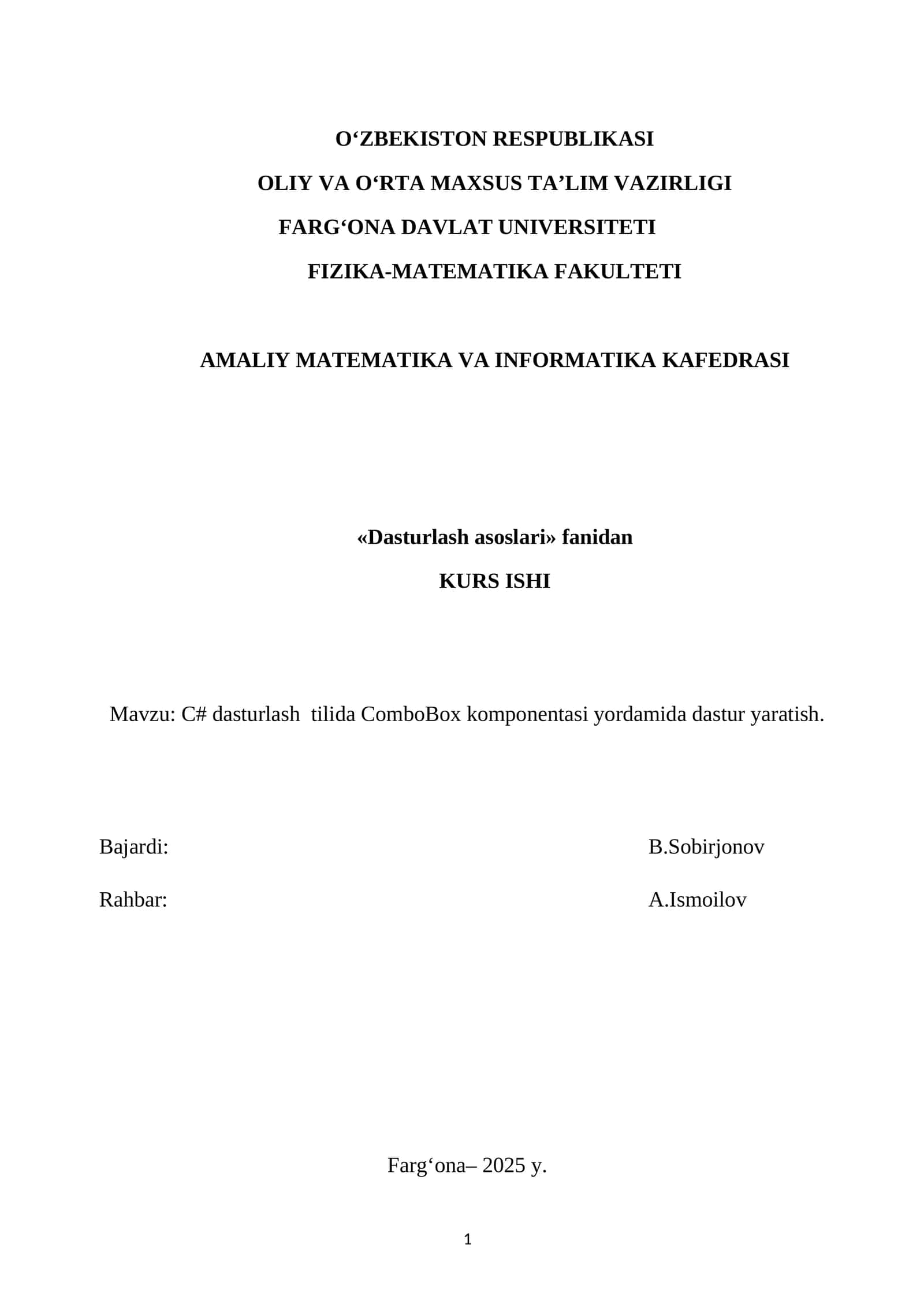 C# dasturlash  tilida ComboBox komponentasi yordamida dastur yaratish 1