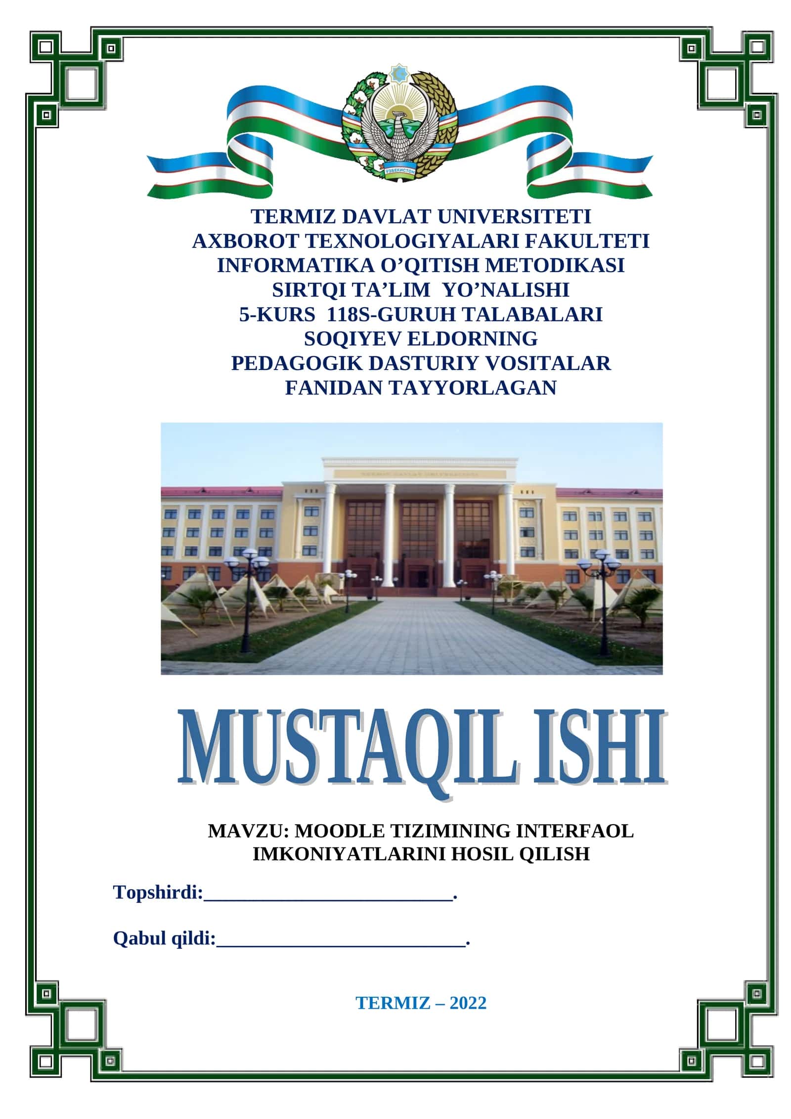 MOODLE TIZIMINING INTERFAOL IMKONIYATLARINI HOSIL QILISH 1