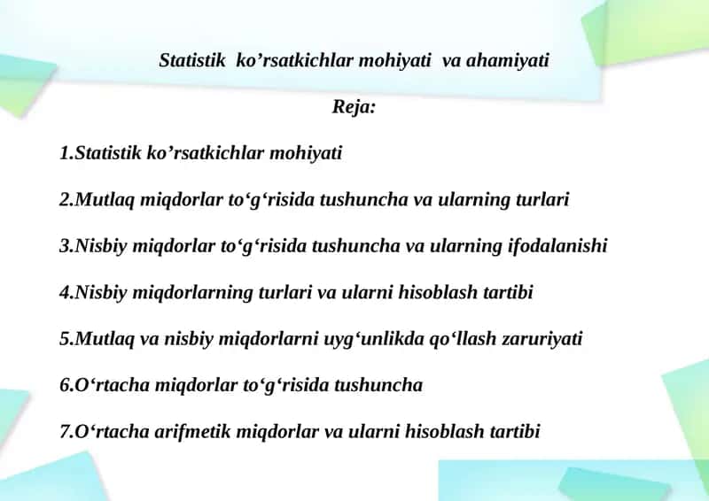 Statistik ko’rsatkichlar mohiyati 1