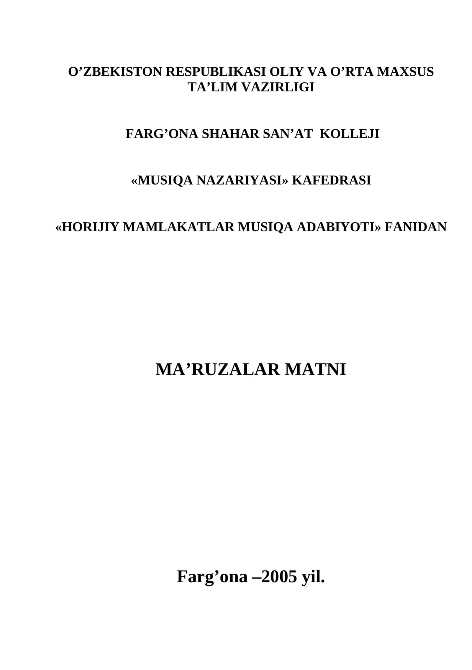HORIJİY MAMLAKATLAR MUSIQA ADABIYOTI 1