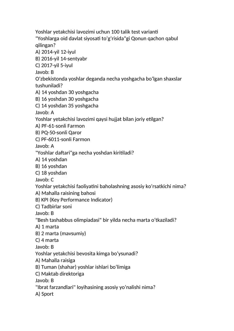 Yoshlar yetakchisi lavozimi uchun 100 talik test varianti 1