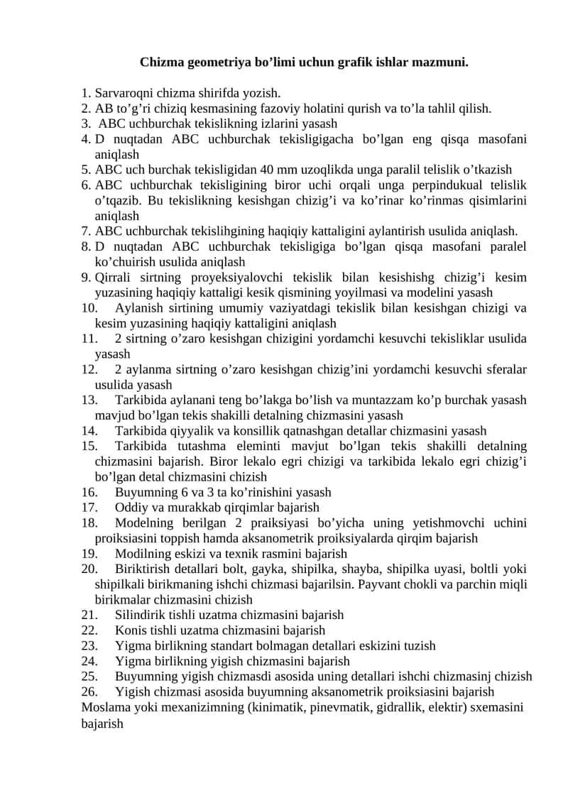 Chizma geometriya bo’limi uchun grafik ishlar mazmuni 1