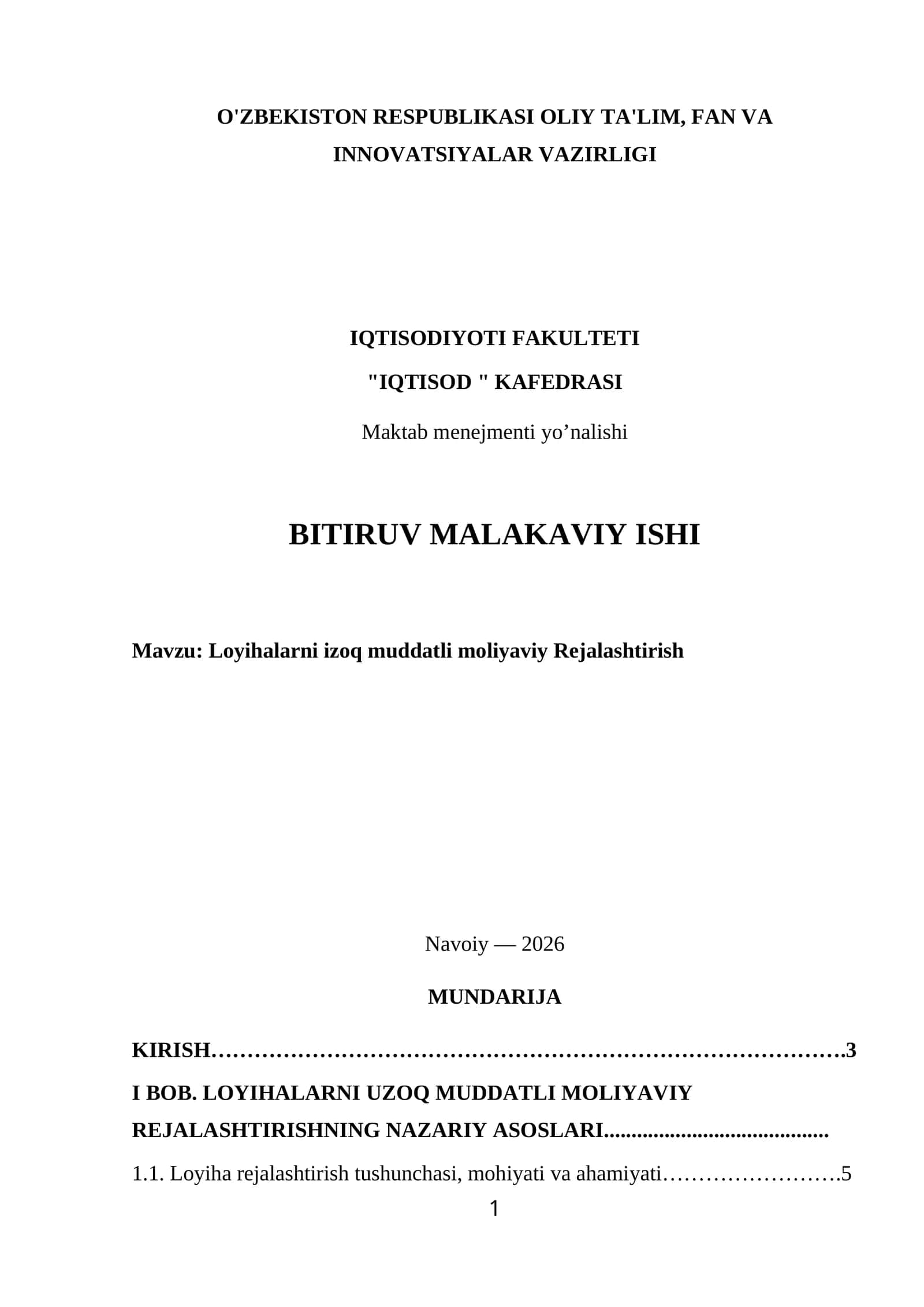 Loyihalarni izoq muddatli moliyaviy Rejalashtirish 1