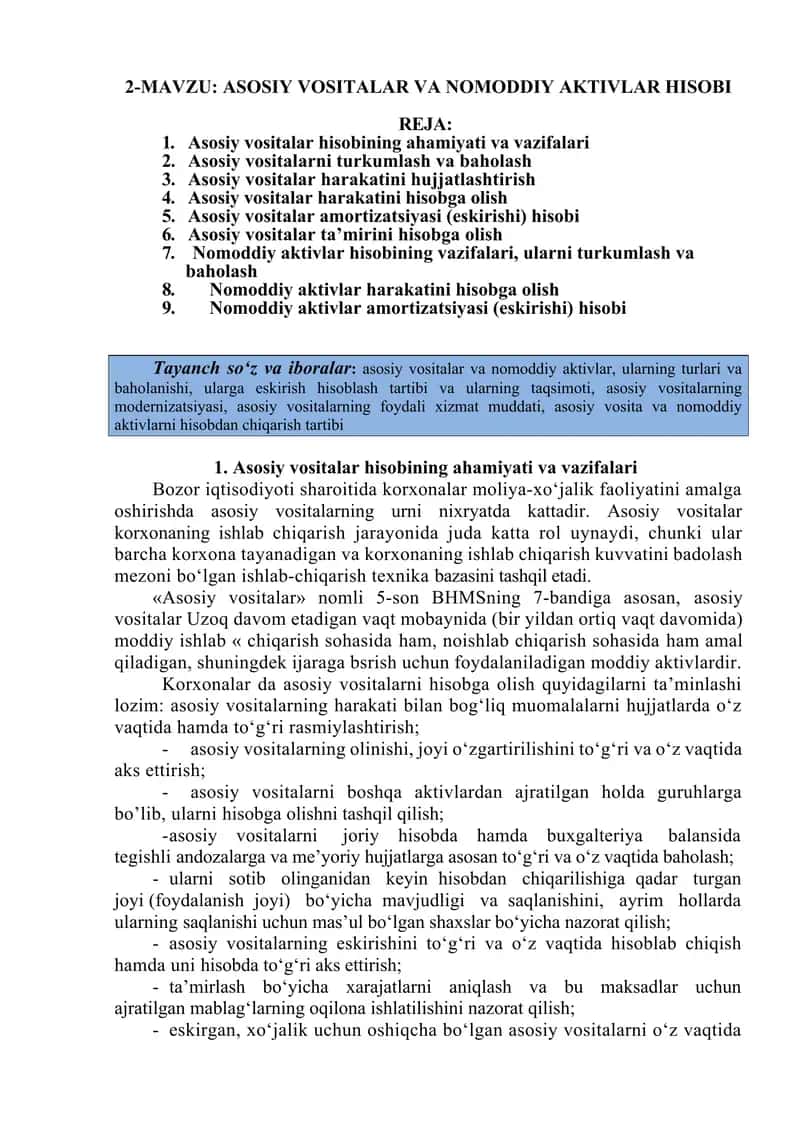 ASOSIY VOSITALAR VA NOMODDIY AKTIVLAR HISOBI 1