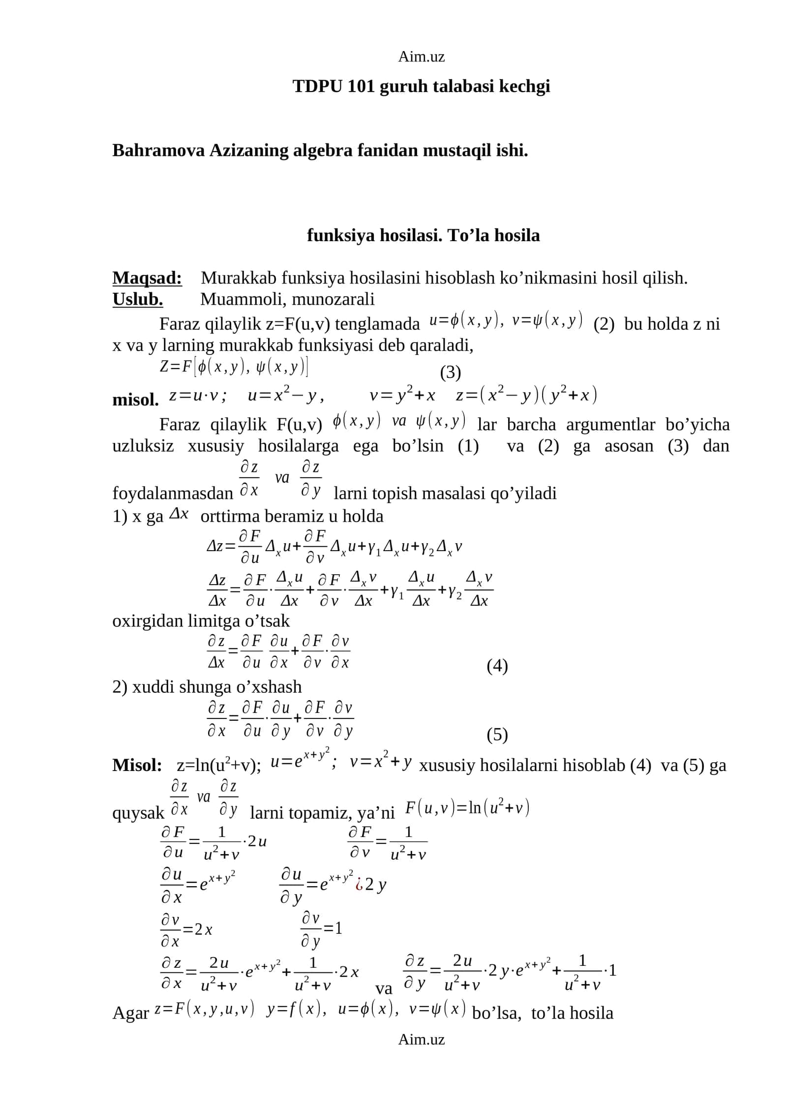 Bahramova Azizaning algebra fanidan mustaqil ishi 1