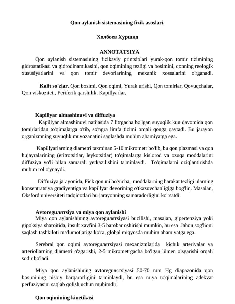 Qon aylanish sistemasining fizik asoslari 1
