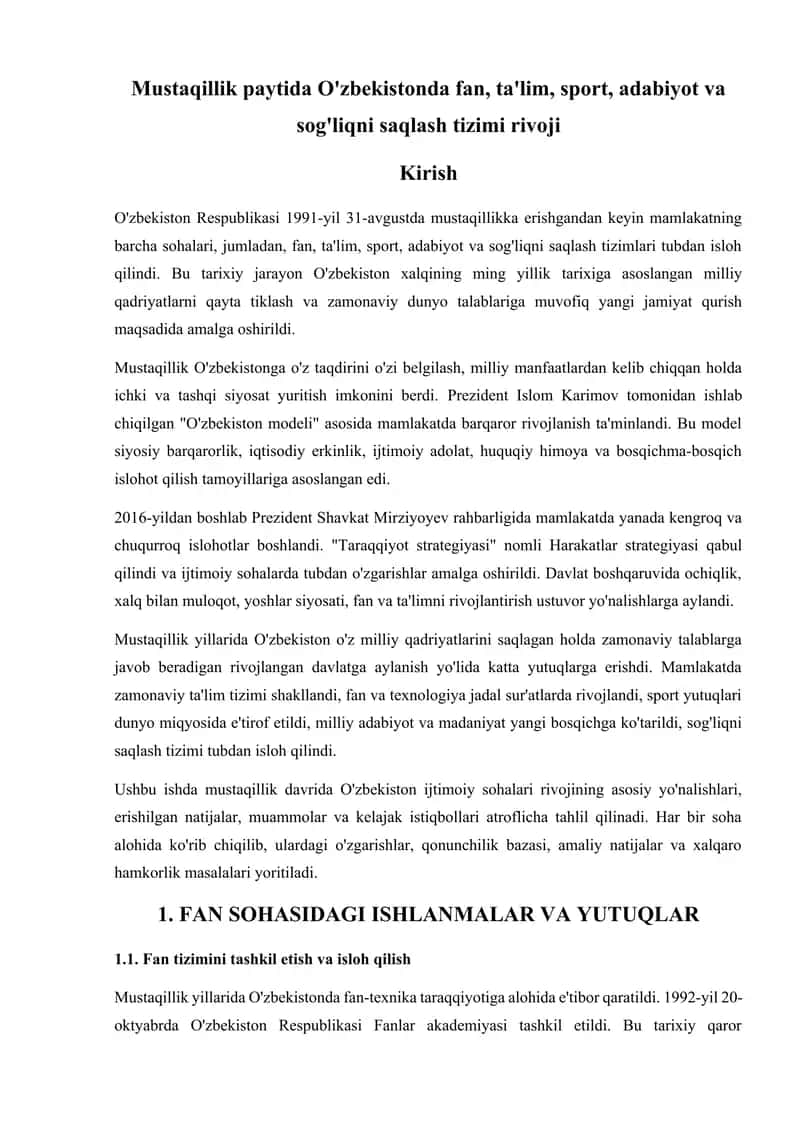 O'zbekiston Respublikasining mustaqilligining rivojlanishi 1