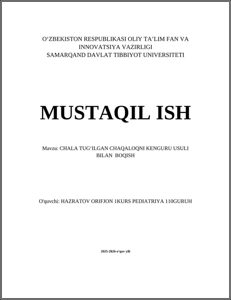 CHALA TUGʻILGAN CHAQALOQNI KENGURU USULI BILAN BOQISH 1