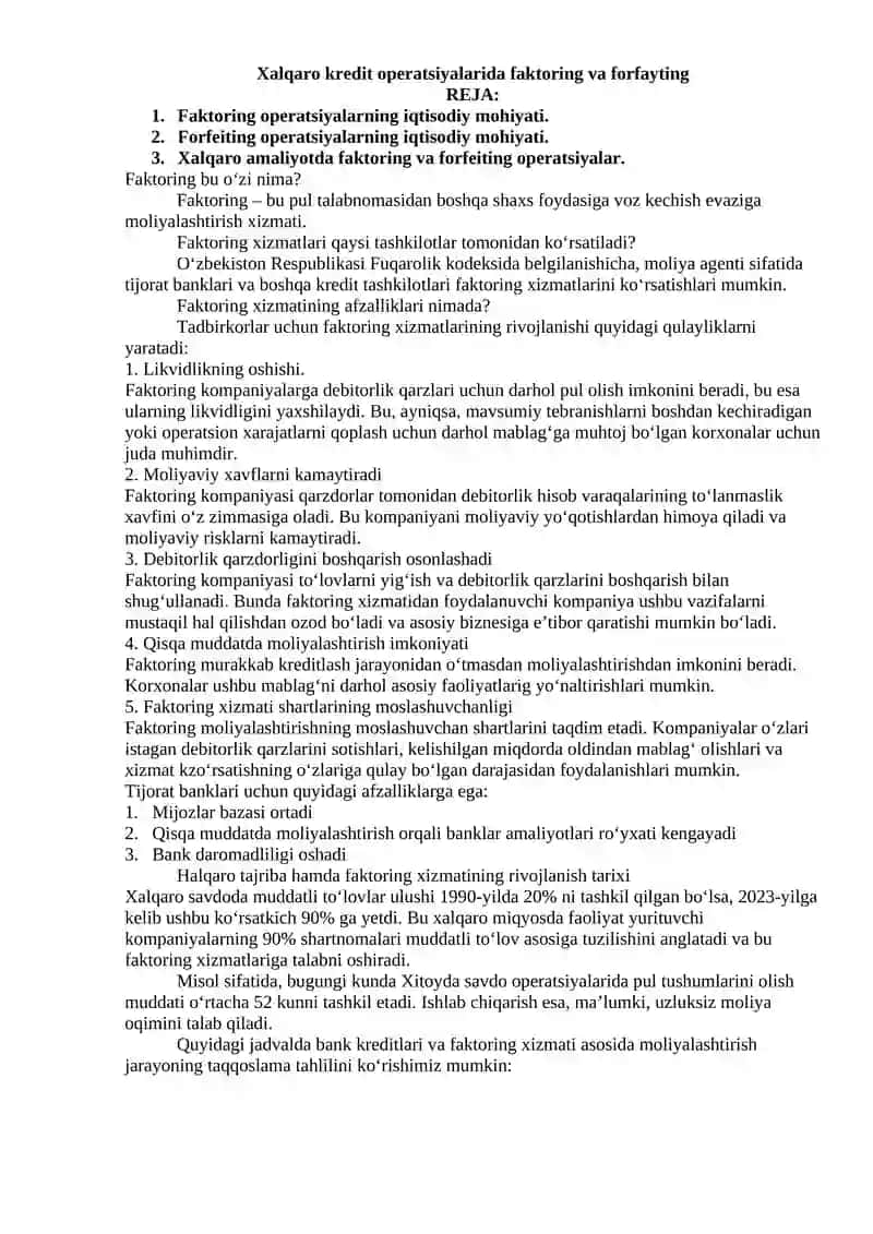 Xalqaro kredit operatsiyalarida faktoring va forfayting