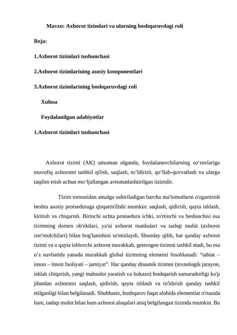 Axborot tizimlari va ularning boshqaruvdagi roli