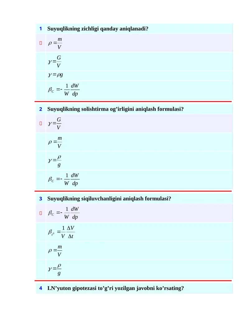 Suyuqlikning sоlishtirma (hajmiy) оg’irligi 1