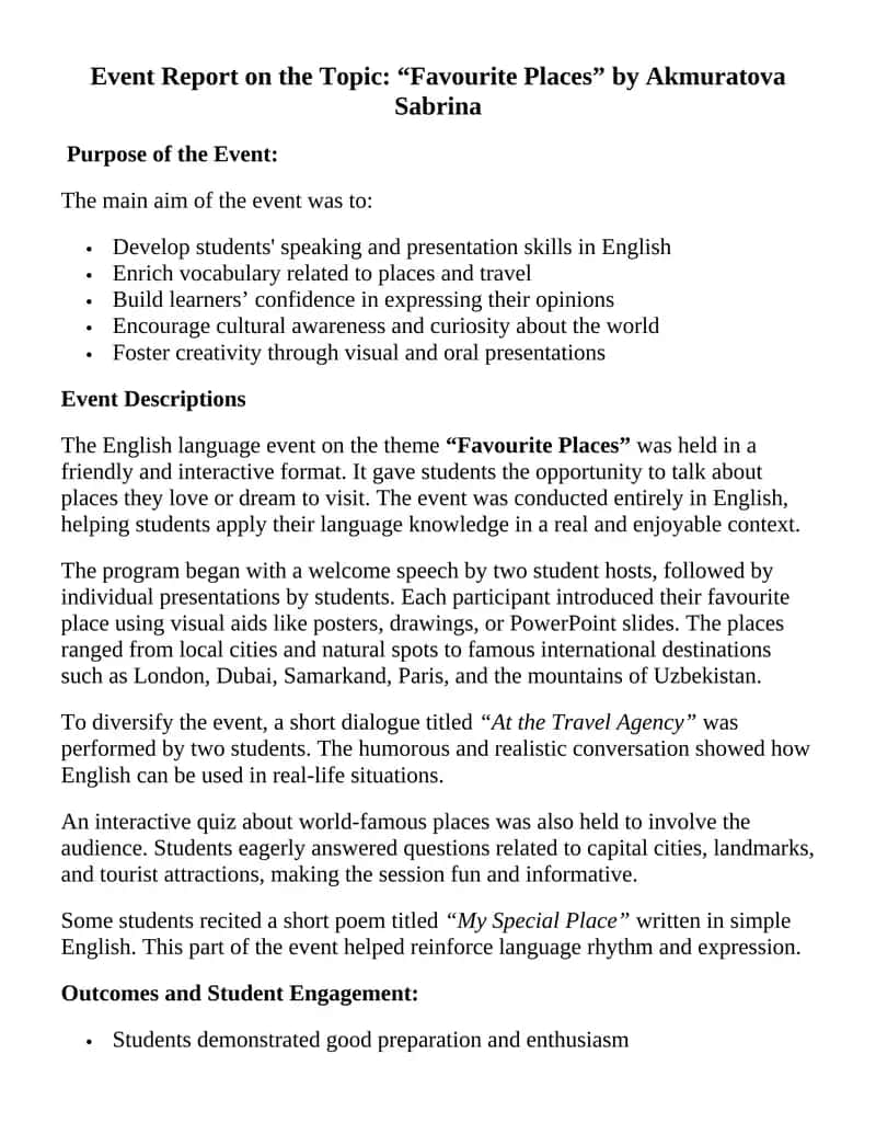 Event Report on the Topic: “Favourite Places” by Akmuratova Sabrina 1
