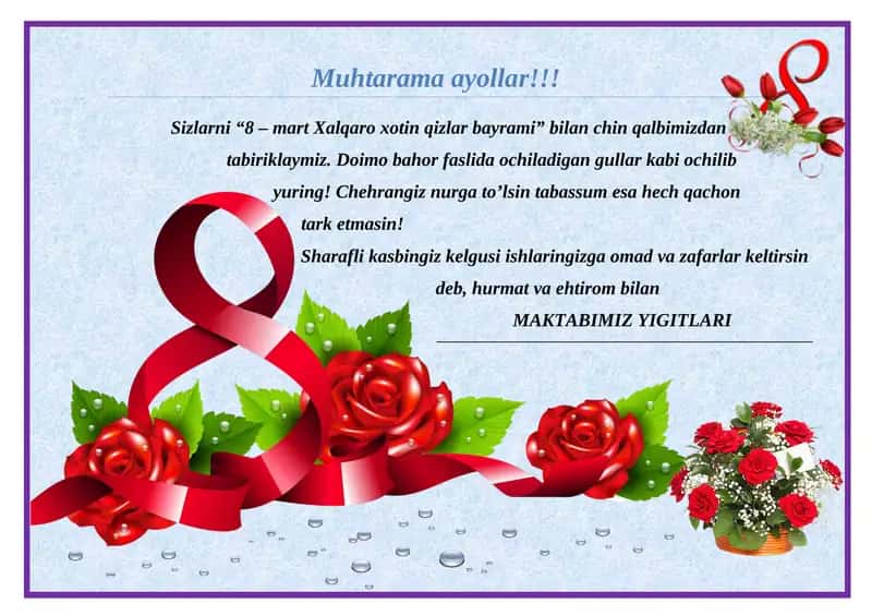 8 – mart Xalqaro xotin qizlar bayramiga tabrik shabloni. 1