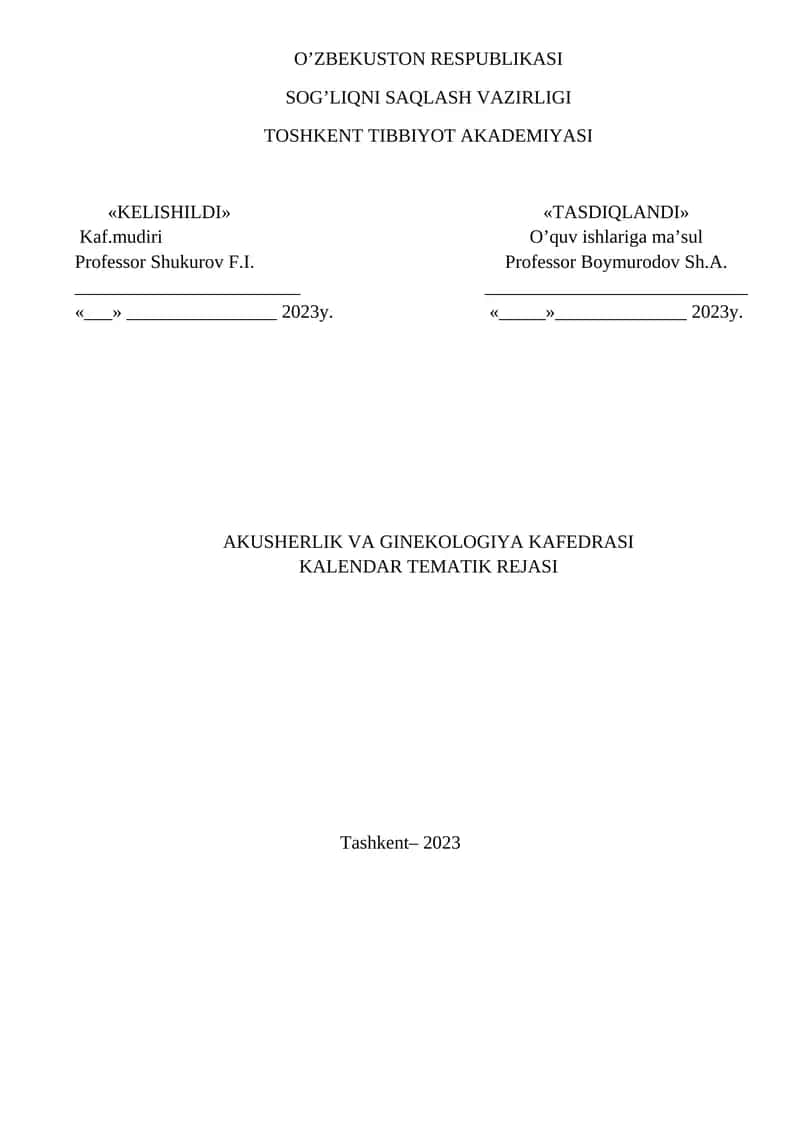 Akusherlik va Ginekologiya Kafedrasi Kalendar Tematik Rejasi 1