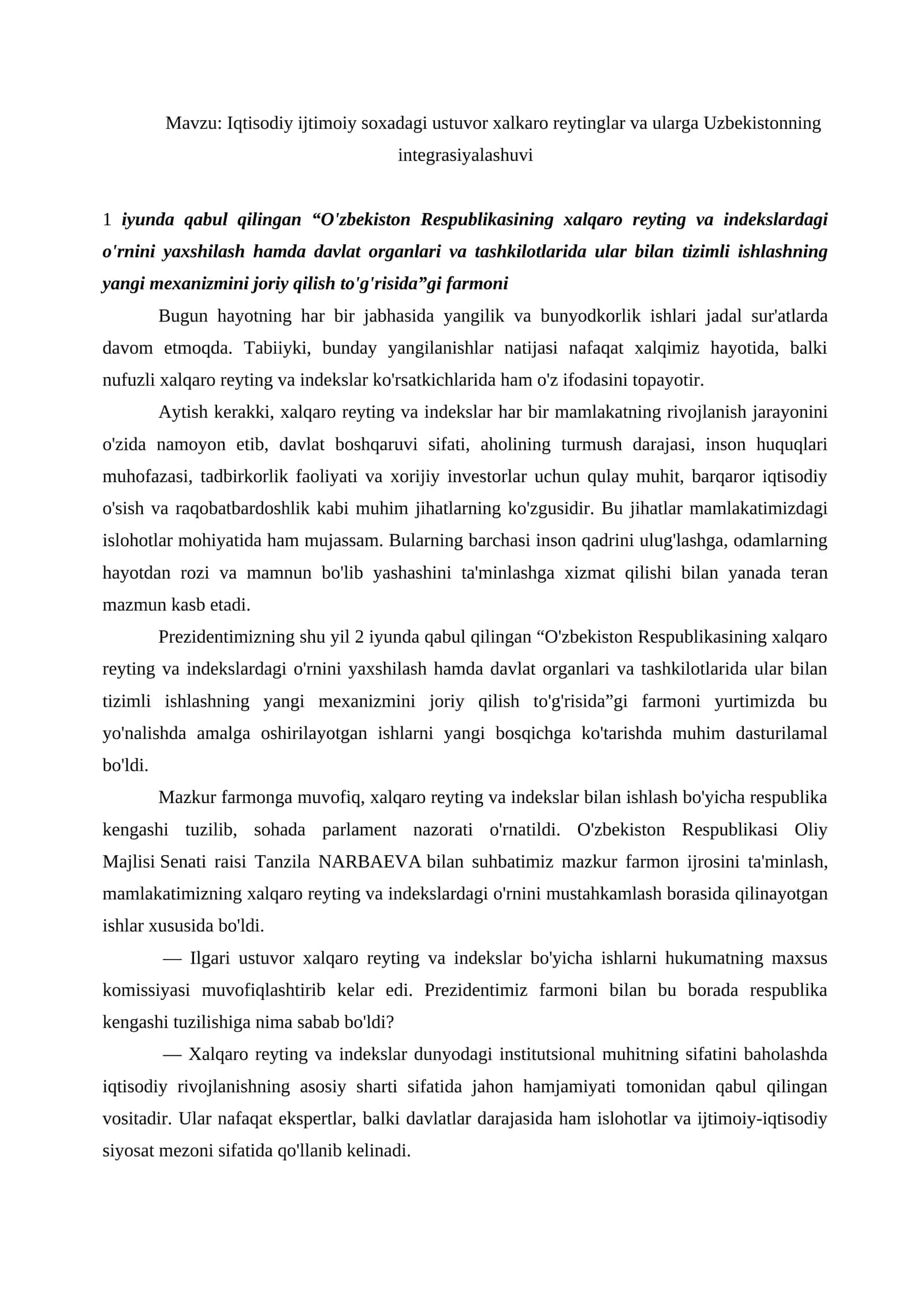 Xalqaro reytinglar va indekslar 1