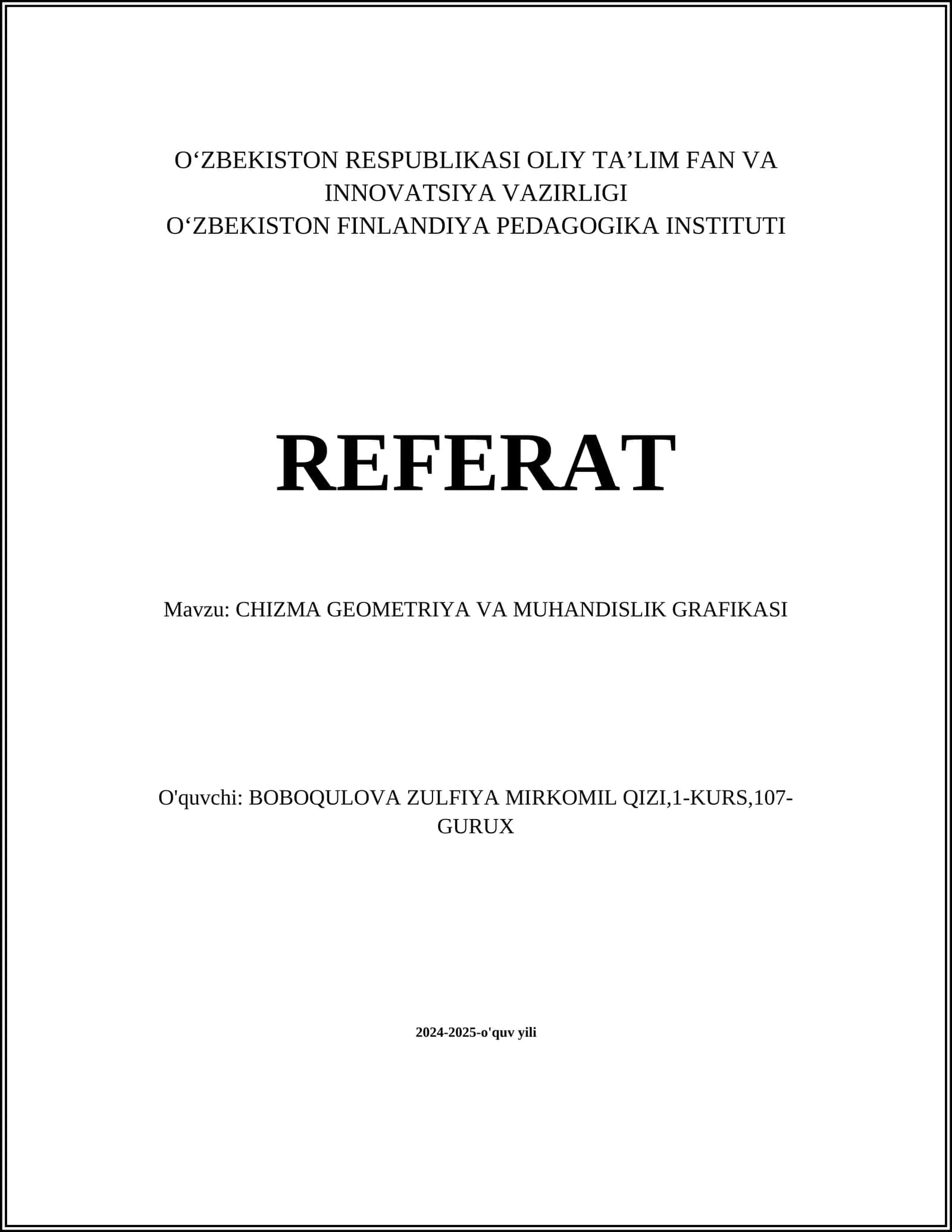 CHIZMA GEOMETRIYA VA MUHANDISLIK GRAFIKASI 1
