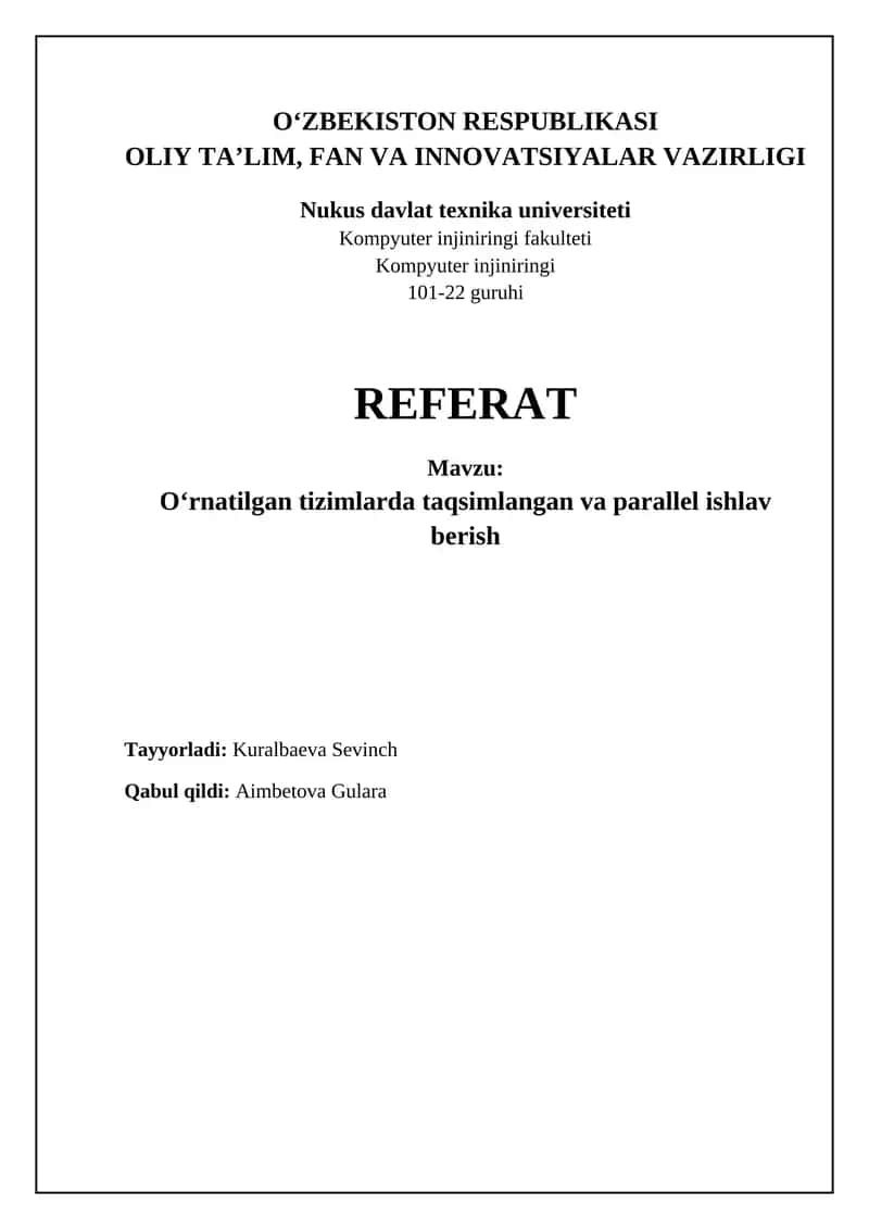 O‘rnatilgan tizimlarda taqsimlangan va parallel ishlav berish 1