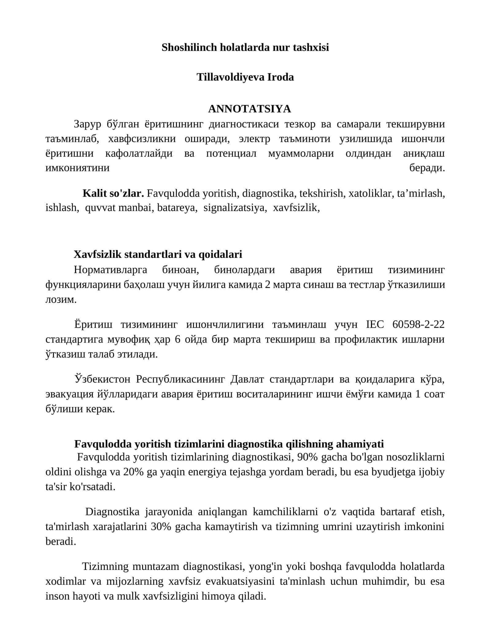 Favqulodda yoritish tizimlari diagnostikasi 1