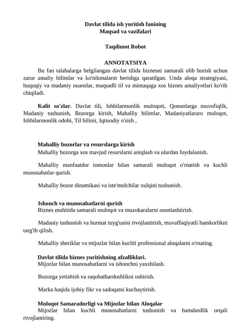Davlat tilida ish yuritish fanining Maqsad va vazifalari 1
