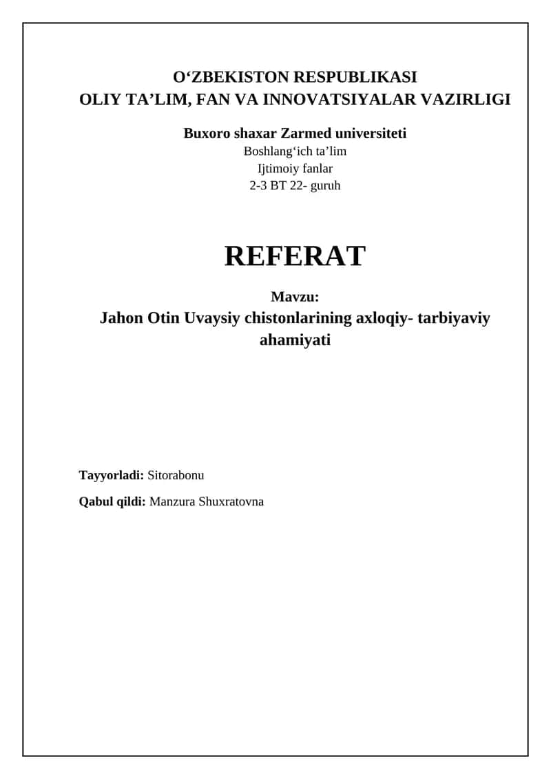 Jahon Otin Uvaysiy topishmoqlari 1