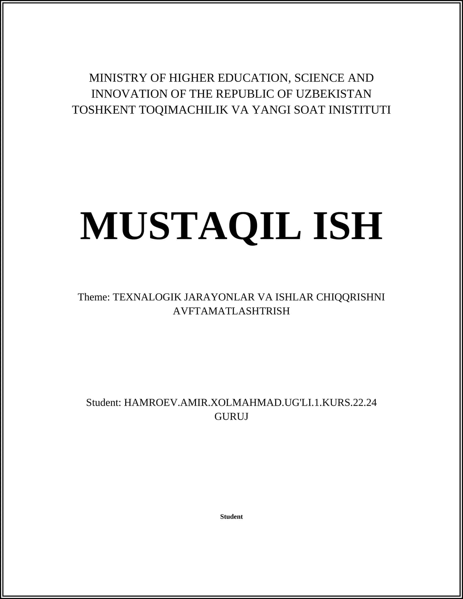 TEXNALOGIK JARAYONLAR VA ISHLAR CHIQQRISHNI AVFTAMATLASHTRISH 1