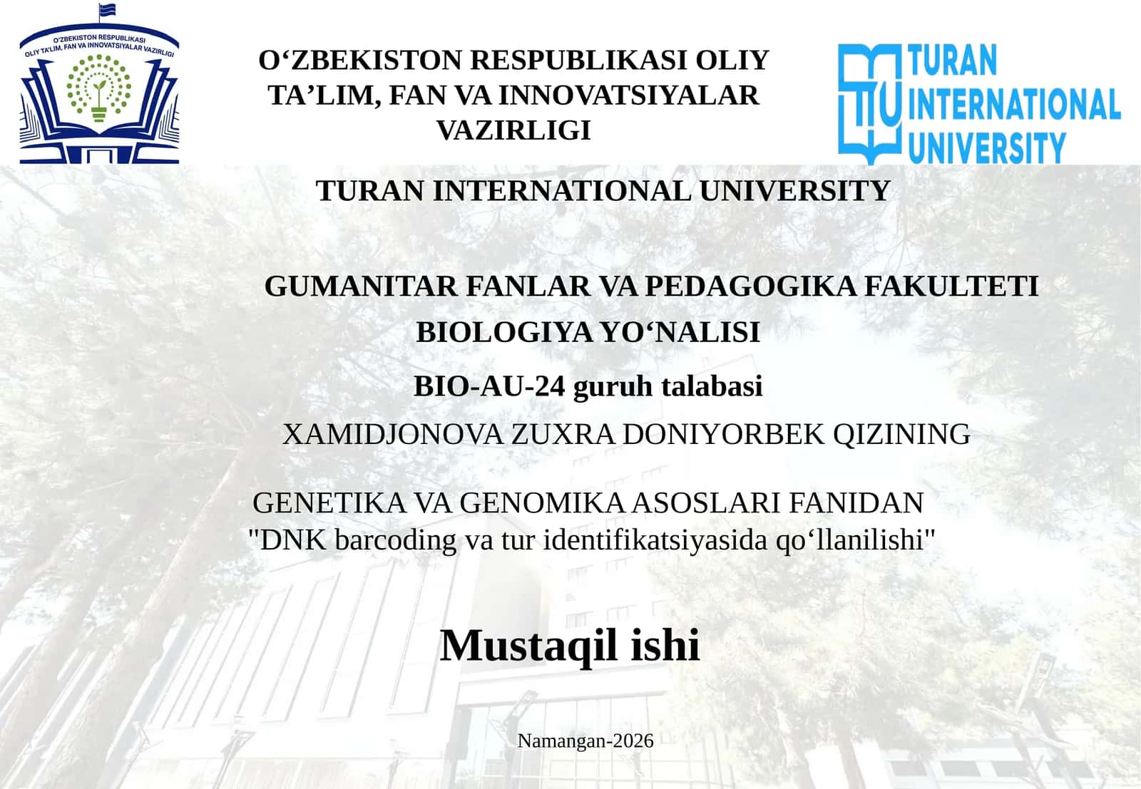 DNK barcoding va tur identifikatsiyasida qo‘llanilishi 1
