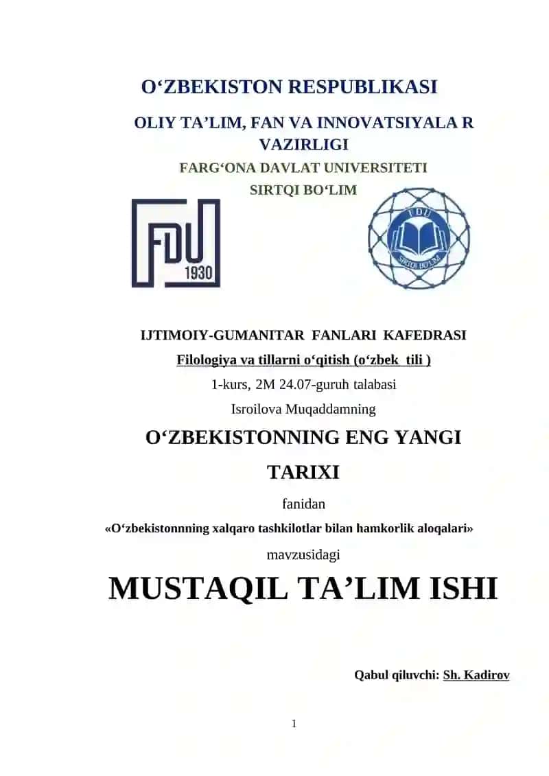 O‘zbekistonnning xalqaro tashkilotlar bilan hamkorlik aloqalari