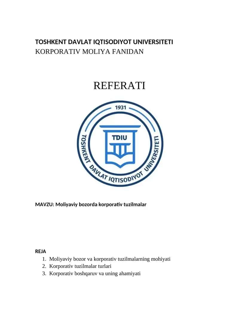 Moliyaviy bozorda korporativ tuzilmalar 1