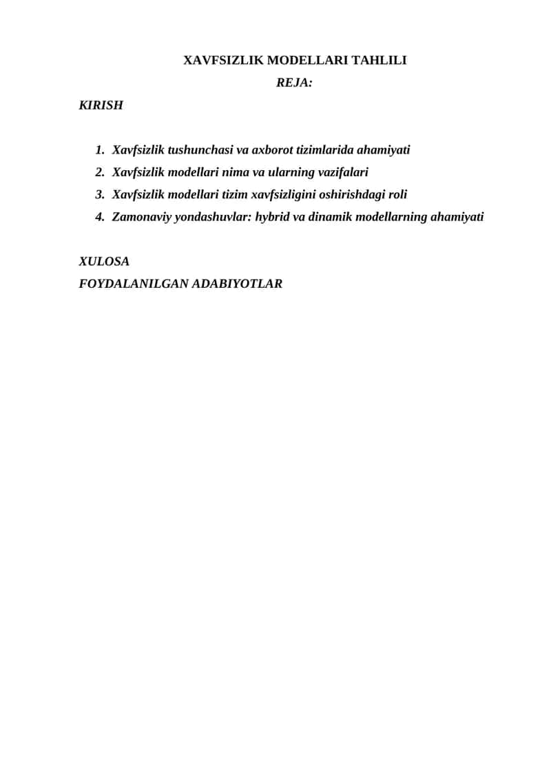 XAVFSIZLIK MODELLARI TAHLILI 1
