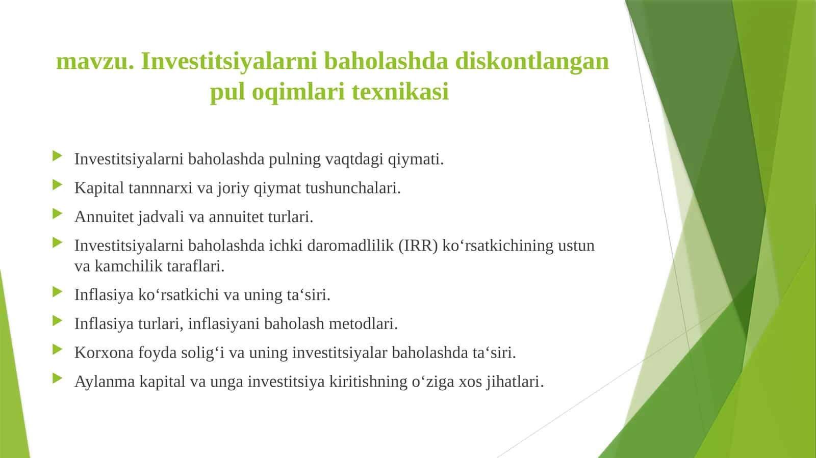 Investitsiyalarni baholashda diskontlangan pul oqimlari texnikasi 1