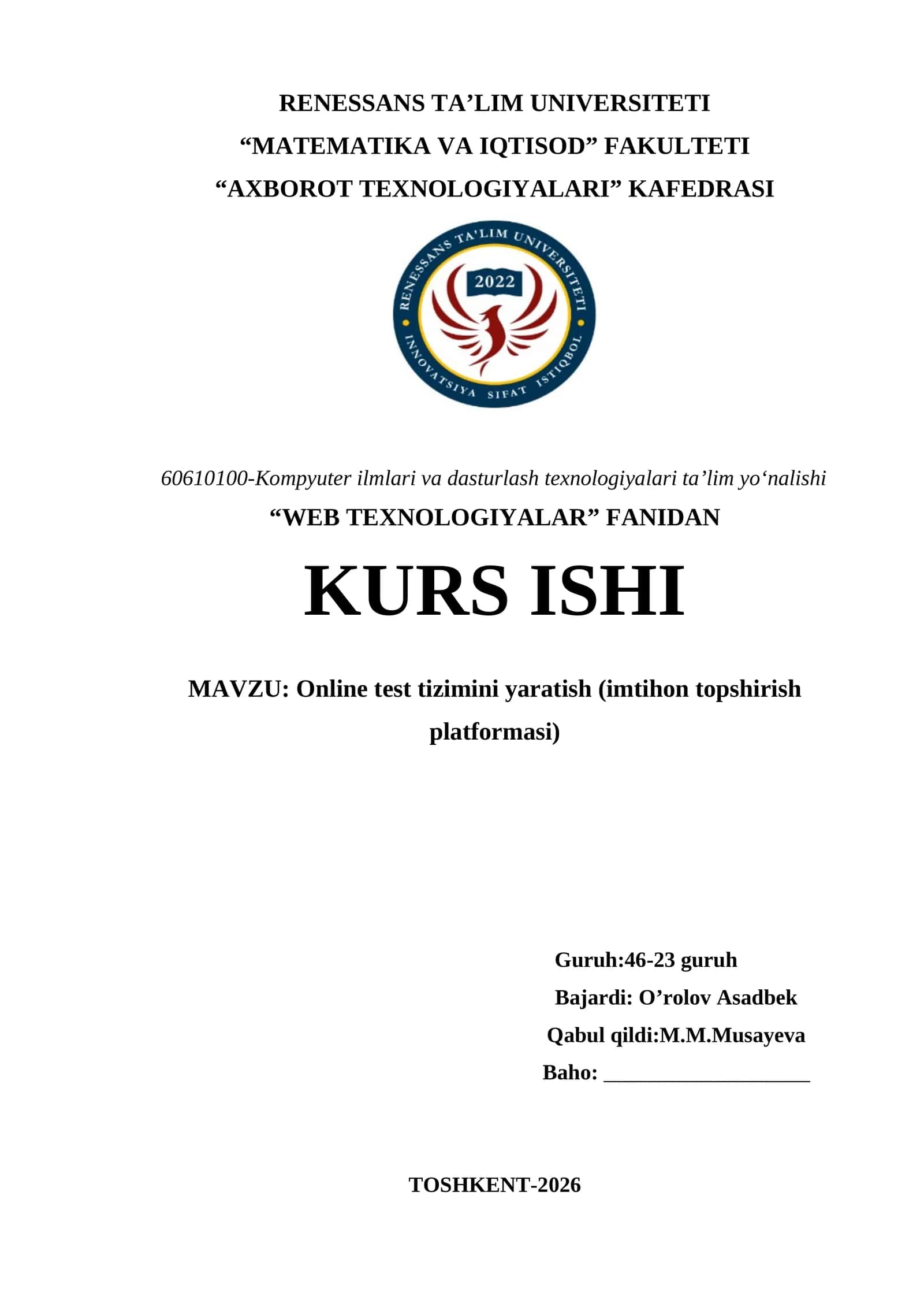 Online test tizimini yaratish (imtihon topshirish platformasi) 1
