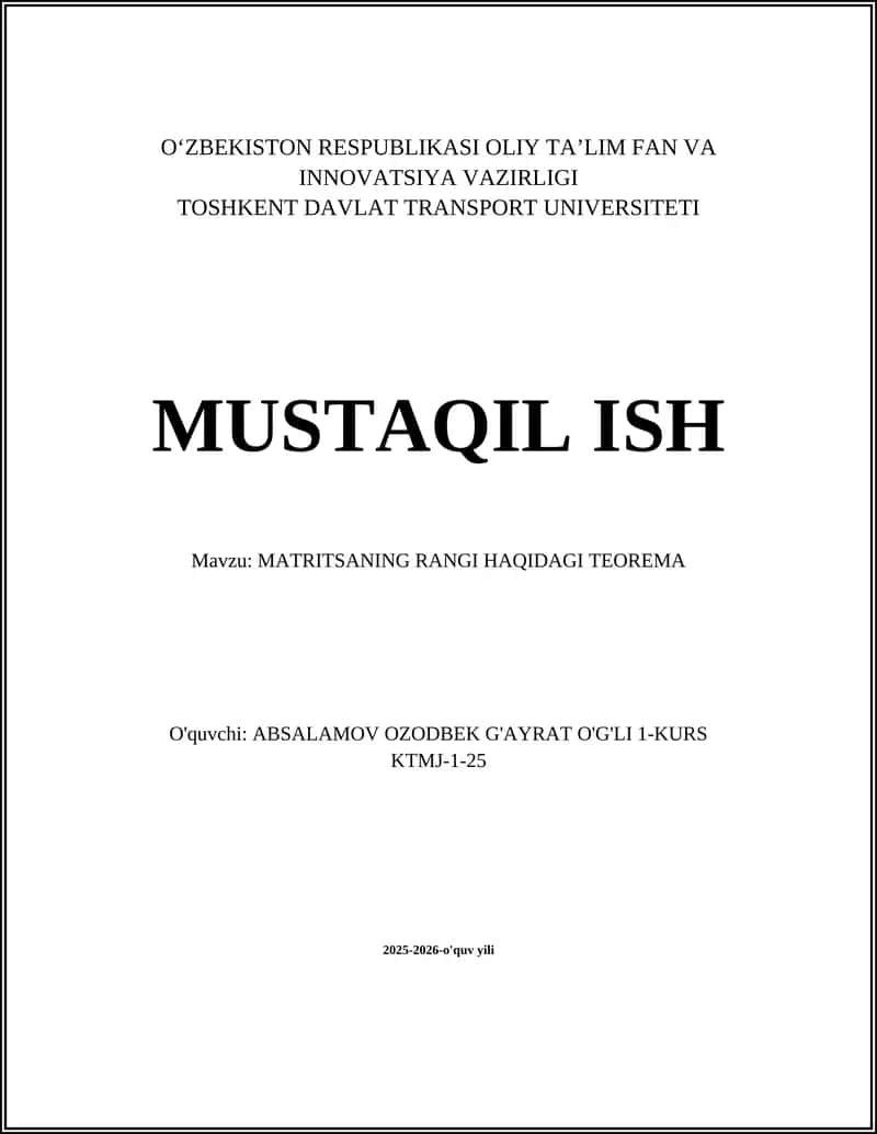 MATRITSANING RANGI HAQIDAGI TEOREMA 1