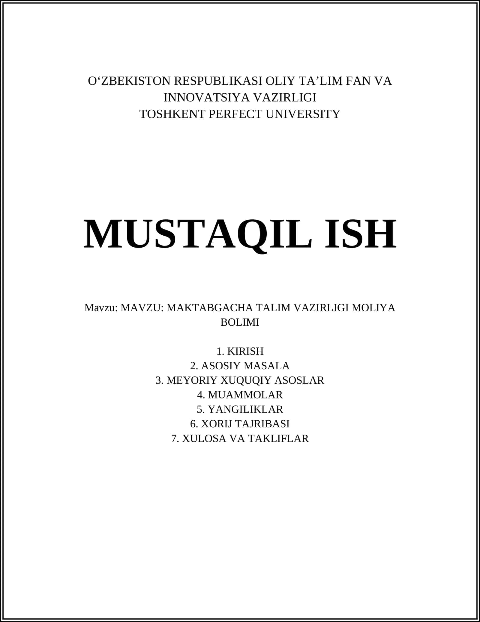 TOSHKENT PERFECT UNIVERSITY MUSTAQIL ISH 1