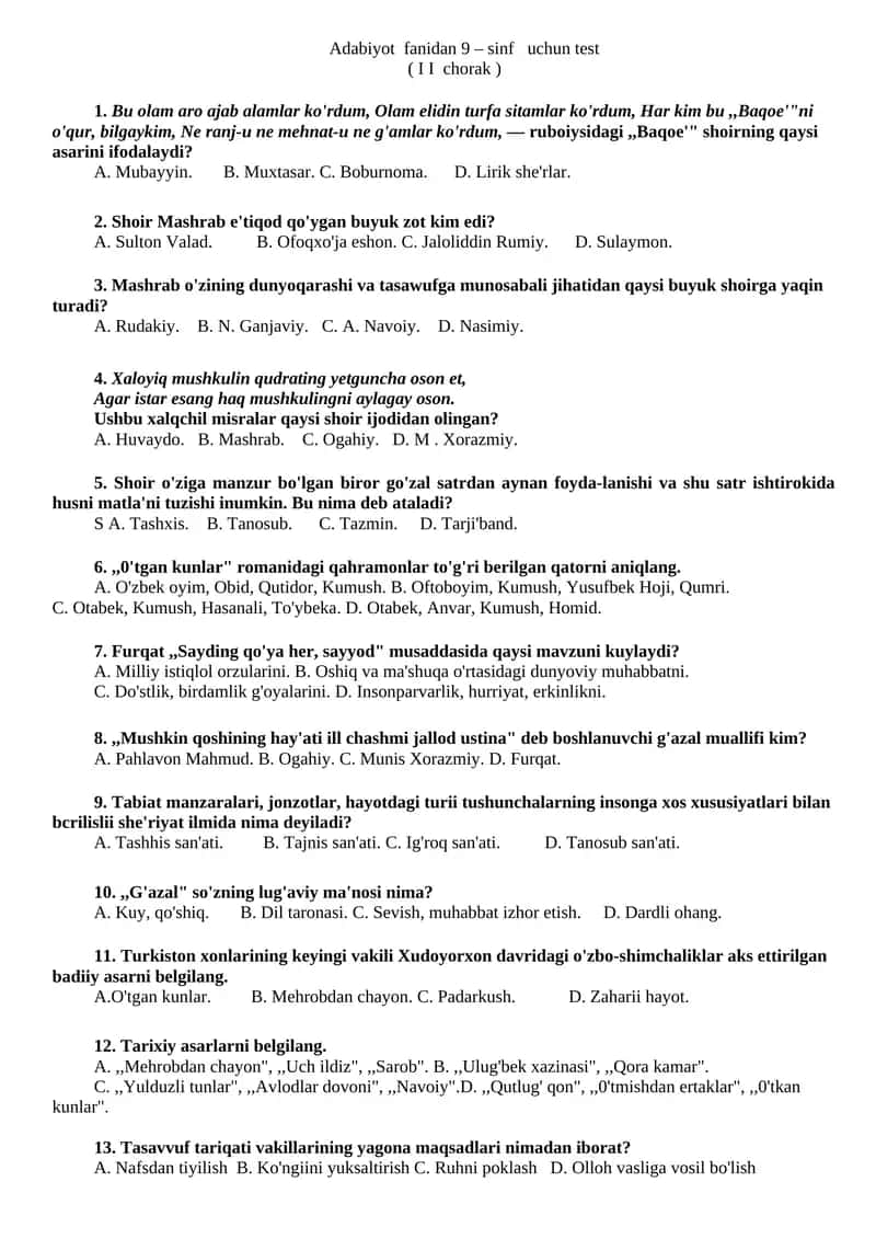 Adabiyot fanidan 9 – sinf uchun test 1