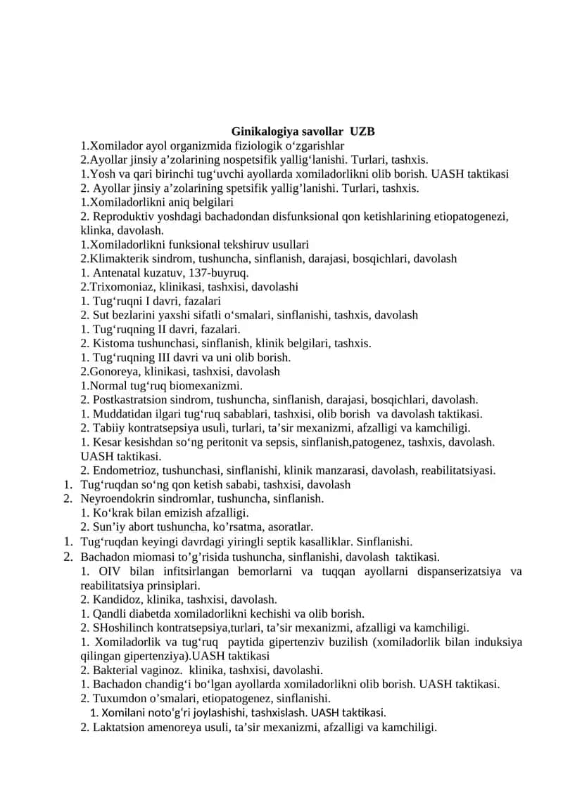 Ginikalogiya savollar UZB 1